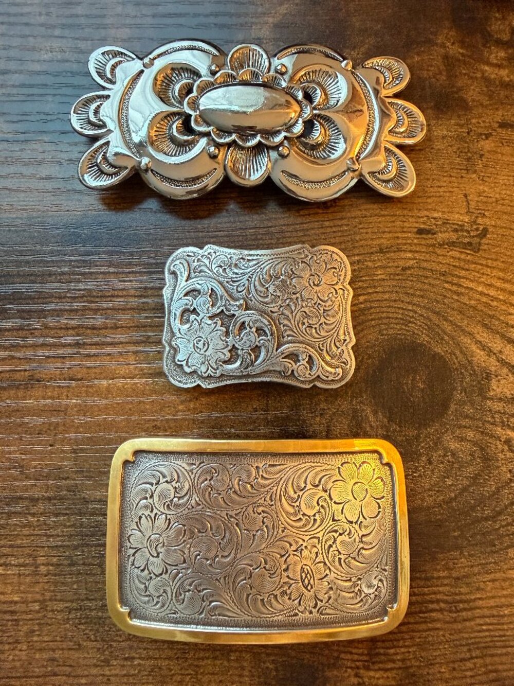 Vintage Western Belt Buckle Lot of 3 Floral Engraved Silver Gold Tone